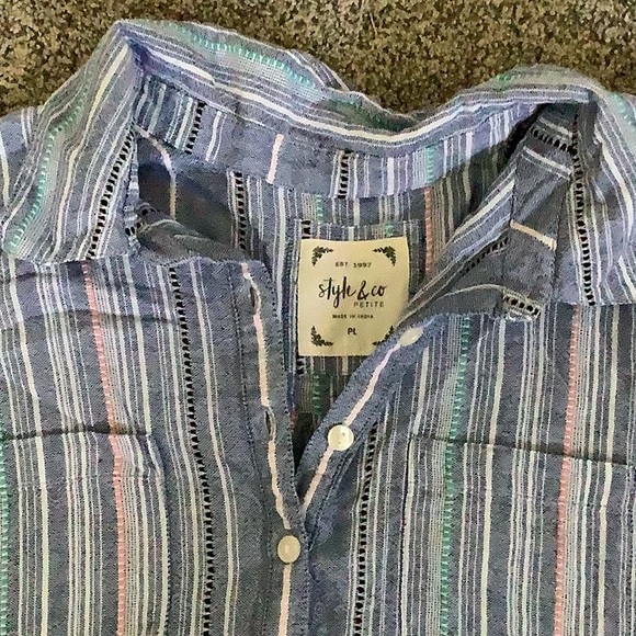 Short sleeve cotton blouse - blue multi striped - Picture 2 of 3